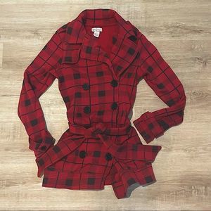 Red Buffalo plaid women's size small like New cozy jacket waist wrap pea coat
